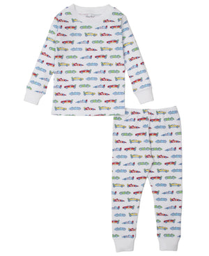 The Kissy Kissy Baby Boys' and Boys' Speedway Printed Pajama Set is a two-piece Pima cotton sleepwear with long sleeves and pants, covered in colorful cars on white for ultimate comfort.