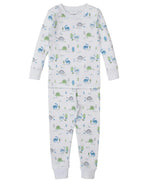 The Kissy Kissy Baby Boys' Dinosaur Era Pajama Set is a cozy Pima cotton sleepwear featuring a white base with blue and green dinosaur prints. This two-piece set includes long sleeves and pants for comfortable nights.