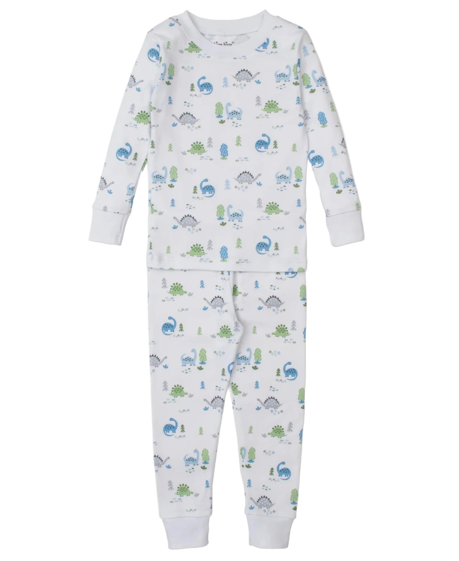 The Kissy Kissy Baby Boys' Dinosaur Era Pajama Set is a cozy Pima cotton sleepwear featuring a white base with blue and green dinosaur prints. This two-piece set includes long sleeves and pants for comfortable nights.