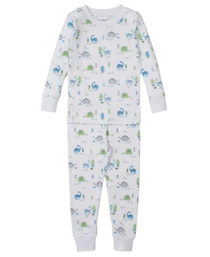 The Kissy Kissy Baby Boys' Dinosaur Era Pajama Set is a cozy Pima cotton sleepwear featuring a white base with blue and green dinosaur prints. This two-piece set includes long sleeves and pants for comfortable nights.