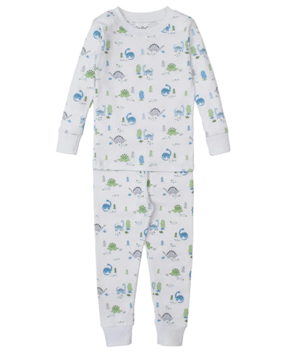 The Kissy Kissy Baby Boys' Dinosaur Era Pajama Set is a cozy Pima cotton sleepwear featuring a white base with blue and green dinosaur prints. This two-piece set includes long sleeves and pants for comfortable nights.