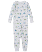 The Kissy Kissy Boys' Dinosaur Era Pajama Set features long sleeves and soft pima cotton with a playful blue and green dinosaur print on a white background.