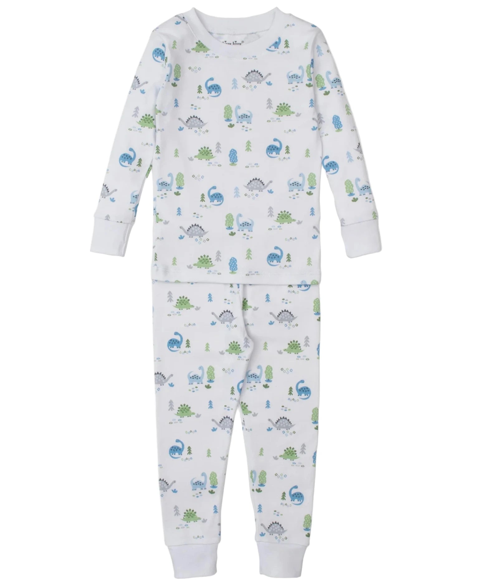 The Kissy Kissy Boys' Dinosaur Era Pajama Set features long sleeves and soft pima cotton with a playful blue and green dinosaur print on a white background.