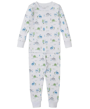 The Kissy Kissy Boys' Dinosaur Era Pajama Set features long sleeves and soft pima cotton with a playful blue and green dinosaur print on a white background.