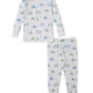 The Kissy Kissy Baby Boys' Dinosaur Era Pajama Set is a two-piece white sleepwear set with blue and green dinosaur and tree prints, featuring long sleeves and pants made from ultra-soft Pima cotton for cozy comfort.