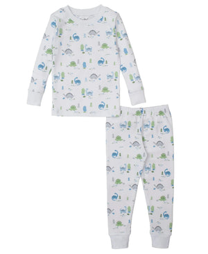The Kissy Kissy Baby Boys' Dinosaur Era Pajama Set is a two-piece white sleepwear set with blue and green dinosaur and tree prints, featuring long sleeves and pants made from ultra-soft Pima cotton for cozy comfort.