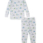 The Kissy Kissy Boys' Dinosaur Era Pajama Set features a long-sleeve top and pants with a white background and playful blue and green dinosaur prints, perfect for bedtime.