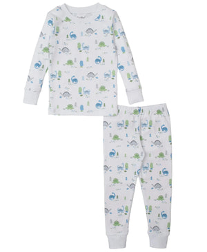 The Kissy Kissy Boys' Dinosaur Era Pajama Set features a long-sleeve top and pants with a white background and playful blue and green dinosaur prints, perfect for bedtime.