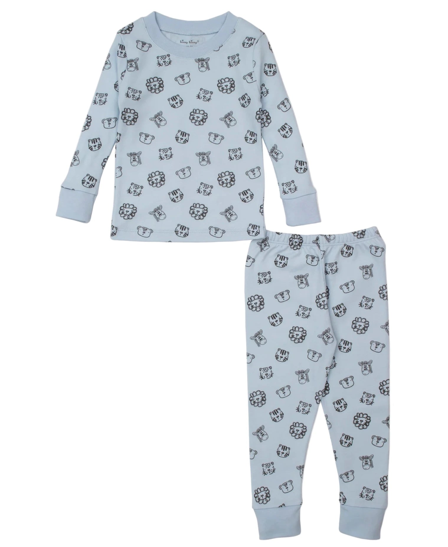 The Kissy Kissy Baby Boys' and Boys' Jungle Jumble Pajama Set is crafted from soft Pima cotton in light blue, with long sleeves and pants, and features a playful dark blue jungle animal face print.