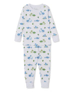 The Kissy Kissy Baby Boys' and Boys' Dinosaur Delight Pajama Set features cozy long sleeves and pants, crafted from soft Pima cotton with a charming blue and green dinosaur print accented by whimsical plant illustrations—perfect for comfortable toddler pajamas.