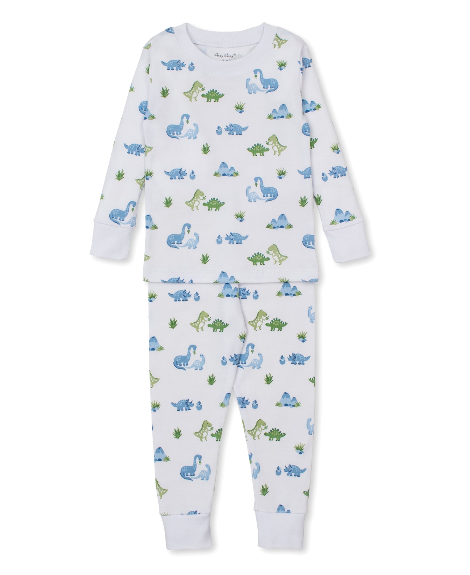 The Kissy Kissy Baby Boys' and Boys' Dinosaur Delight Pajama Set features cozy long sleeves and pants, crafted from soft Pima cotton with a charming blue and green dinosaur print accented by whimsical plant illustrations—perfect for comfortable toddler pajamas.