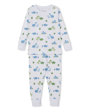 The Kissy Kissy Baby Boys' and Boys' Dinosaur Delight Pajama Set features cozy long sleeves and pants, crafted from soft Pima cotton with a charming blue and green dinosaur print accented by whimsical plant illustrations—perfect for comfortable toddler pajamas.