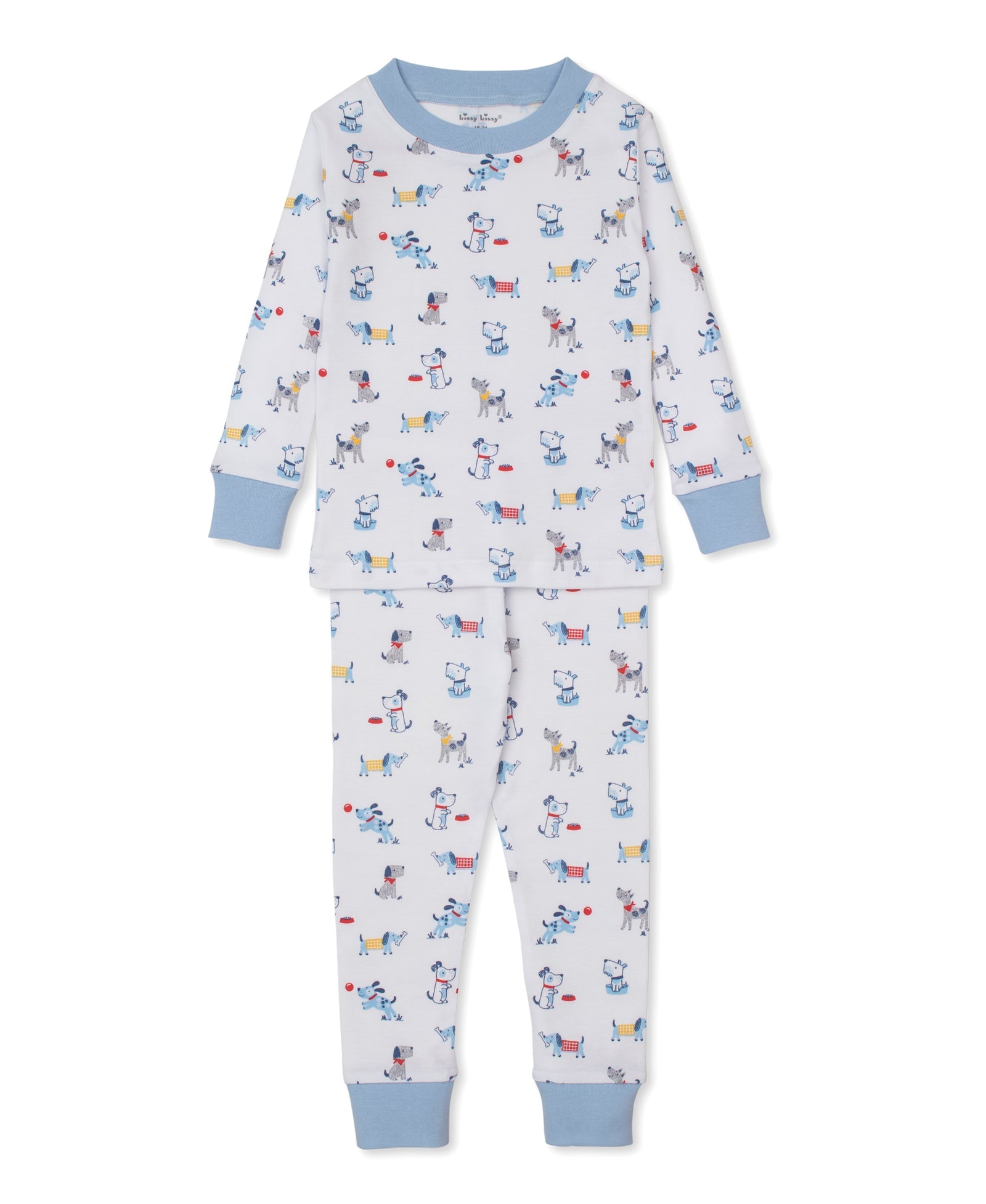 The Kissy Kissy Baby Boys’ and Boys’ Pajama Set is a soft pima cotton long-sleeve pajama set featuring light blue cuffs and collar, decorated with an all-over print of colorful dogs in sweaters on a white background.