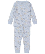 The Kissy Kissy Baby Boys' and Boys' Air Travel Pajama Set features a light blue, long-sleeved top and pants in soft pima cotton with blue and tan animal, toy, and air travel motifs—ideal for cozy nights.