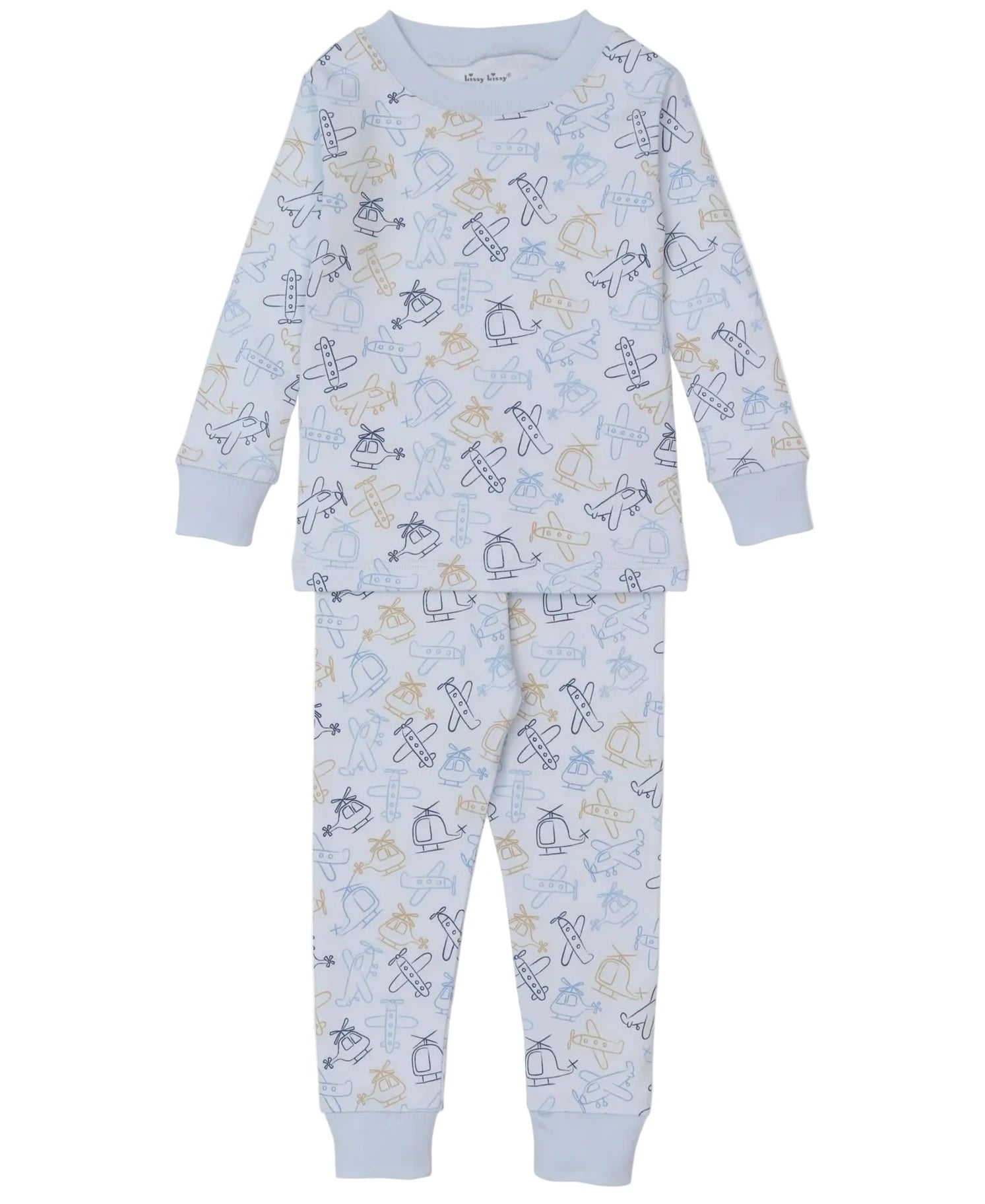 The Kissy Kissy Baby Boys' and Boys' Air Travel Pajama Set features a light blue, long-sleeved top and pants in soft pima cotton with blue and tan animal, toy, and air travel motifs—ideal for cozy nights.
