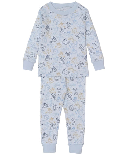 The Kissy Kissy Baby Boys' and Boys' Air Travel Pajama Set features a light blue, long-sleeved top and pants in soft pima cotton with blue and tan animal, toy, and air travel motifs—ideal for cozy nights.