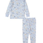 The Kissy Kissy Baby Boys' and Boys' Air Travel Pajama Set features soft Pima cotton fabric, long sleeves and pants, and a playful all-over airplane print in blue and beige.