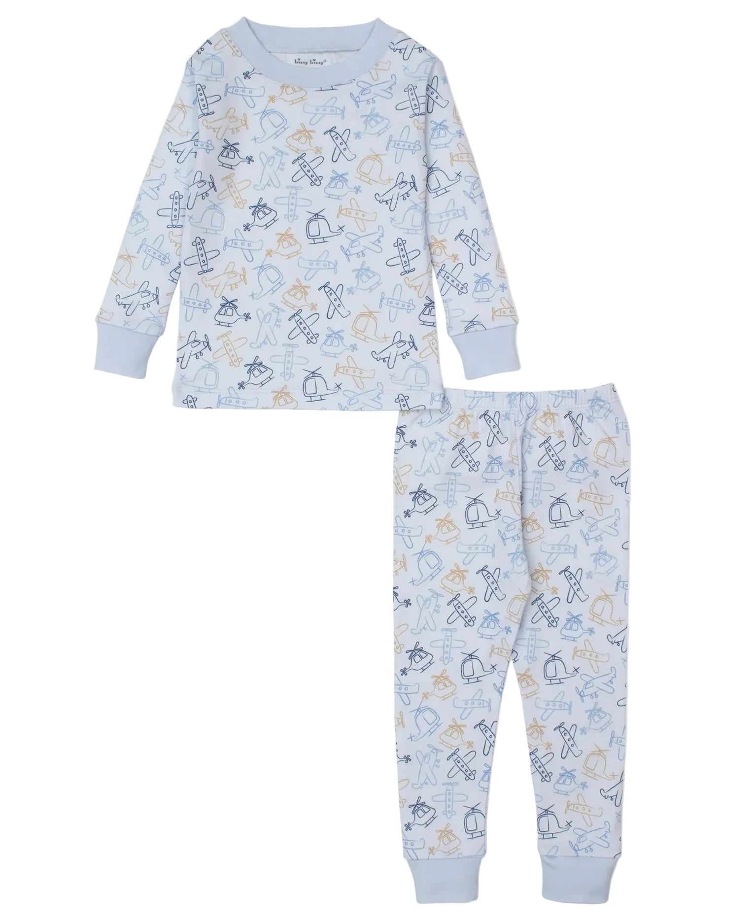 The Kissy Kissy Baby Boys' and Boys' Air Travel Pajama Set features soft Pima cotton fabric, long sleeves and pants, and a playful all-over airplane print in blue and beige.