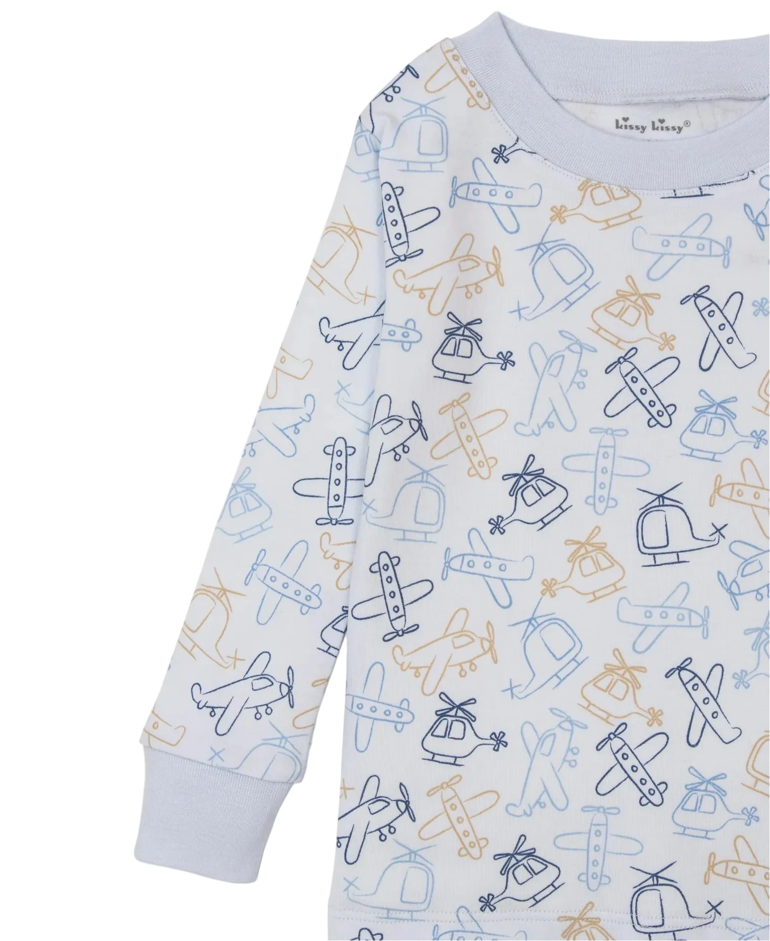 The Kissy Kissy Baby Boys' and Boys' Air Travel Pajama Set features soft Pima cotton with a blue and tan airplane and helicopter print on a white background.