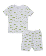 The Kissy Kissy Baby Boys’ and Boys’ Crocodile Camp Short Pajama Set features a white short-sleeve top and matching shorts, both adorned with a repeating green crocodile print. Made from soft Pima cotton, this pajama set ensures ultimate comfort for your little one at bedtime.