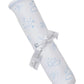 The Kissy Kissy Cheerful Good Night Printed Blanket is a rolled white Pima cotton baby blanket with blue moons, stars, and clouds, tied with a gray ribbon for a cozy touch.