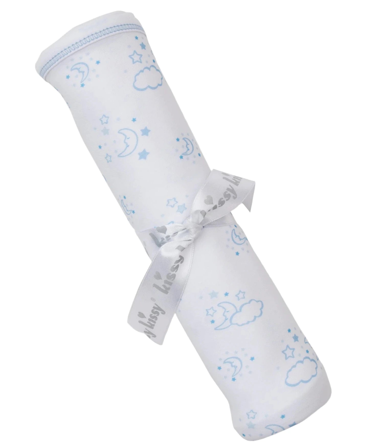 The Kissy Kissy Cheerful Good Night Printed Blanket is a rolled white Pima cotton baby blanket with blue moons, stars, and clouds, tied with a gray ribbon for a cozy touch.