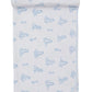 The Giraffe Grace Blanket by Kissy Kissy is a white Pima cotton baby blanket featuring blue printed illustrations of children in dresses, neatly rolled at the top edge.