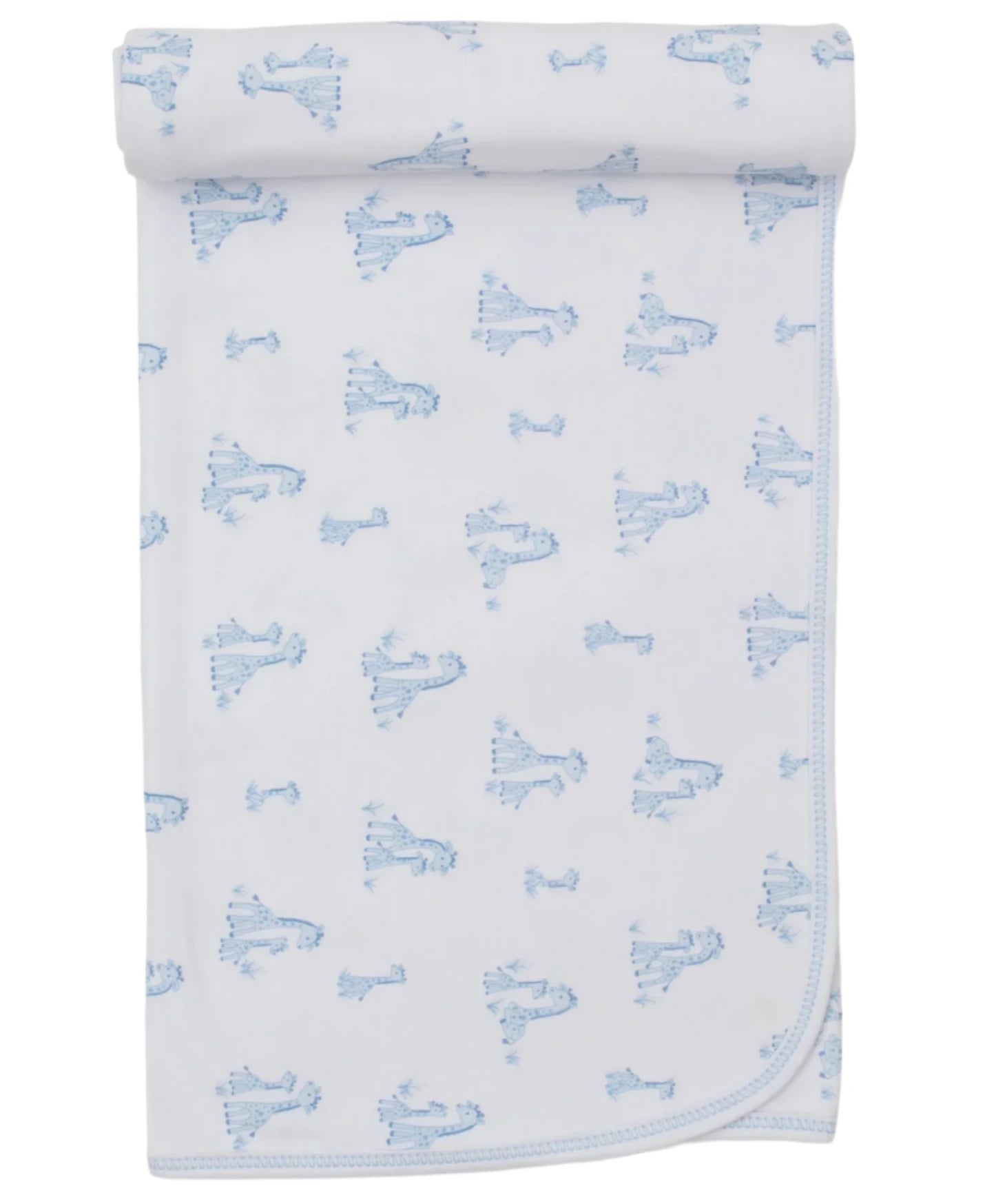 The Giraffe Grace Blanket by Kissy Kissy is a white Pima cotton baby blanket featuring blue printed illustrations of children in dresses, neatly rolled at the top edge.