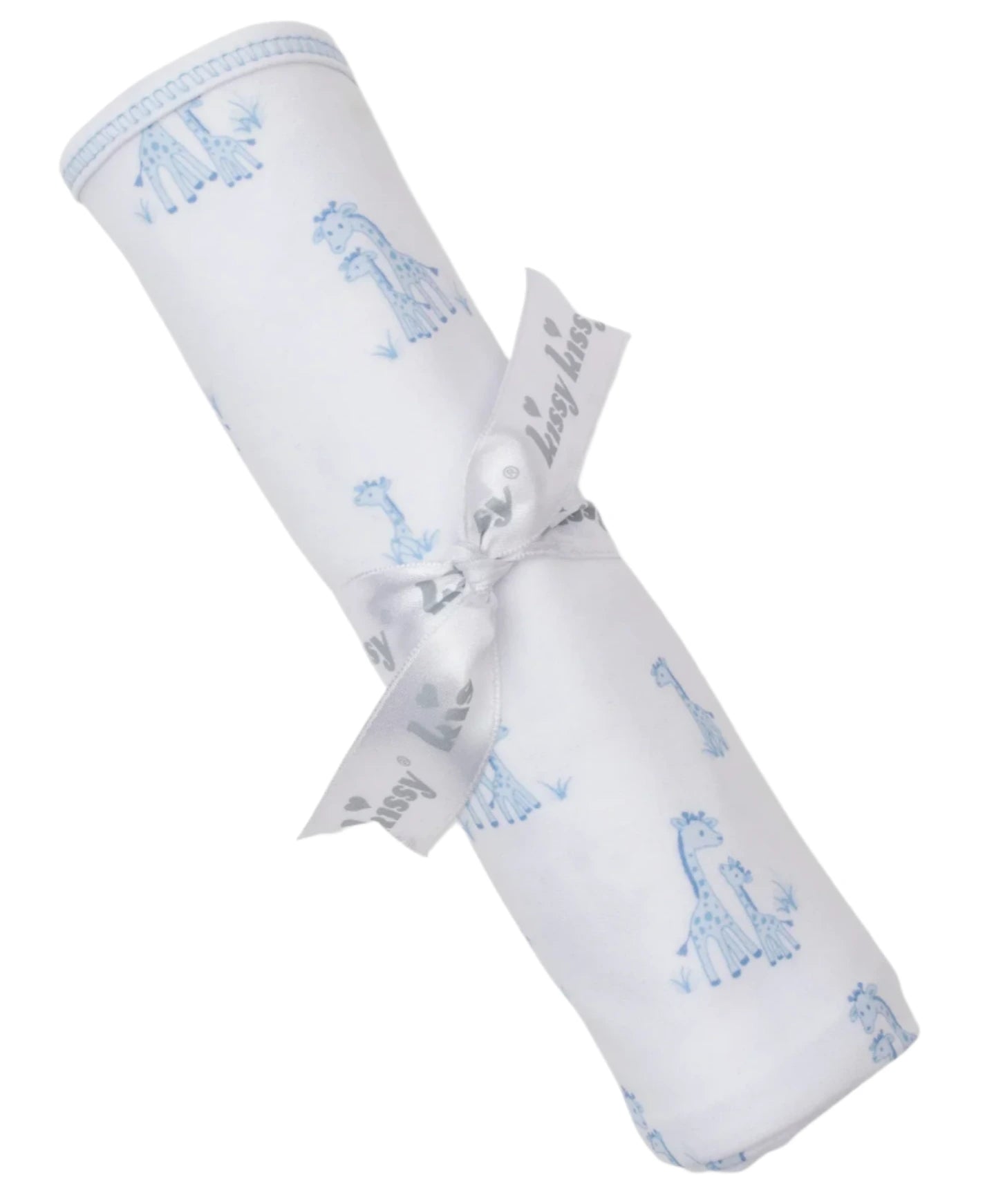 The Kissy Kissy Giraffe Grace Blanket is a white Pima cotton baby blanket rolled up with a gray ribbon, featuring a delightful blue giraffe print.