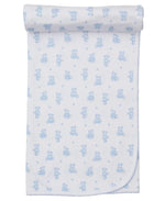 The Kissy Kissy Teddy Bear Time Printed Blanket is a white Pima cotton baby blanket featuring a small blue teddy bear pattern and blue edging, shown partially rolled at the top.