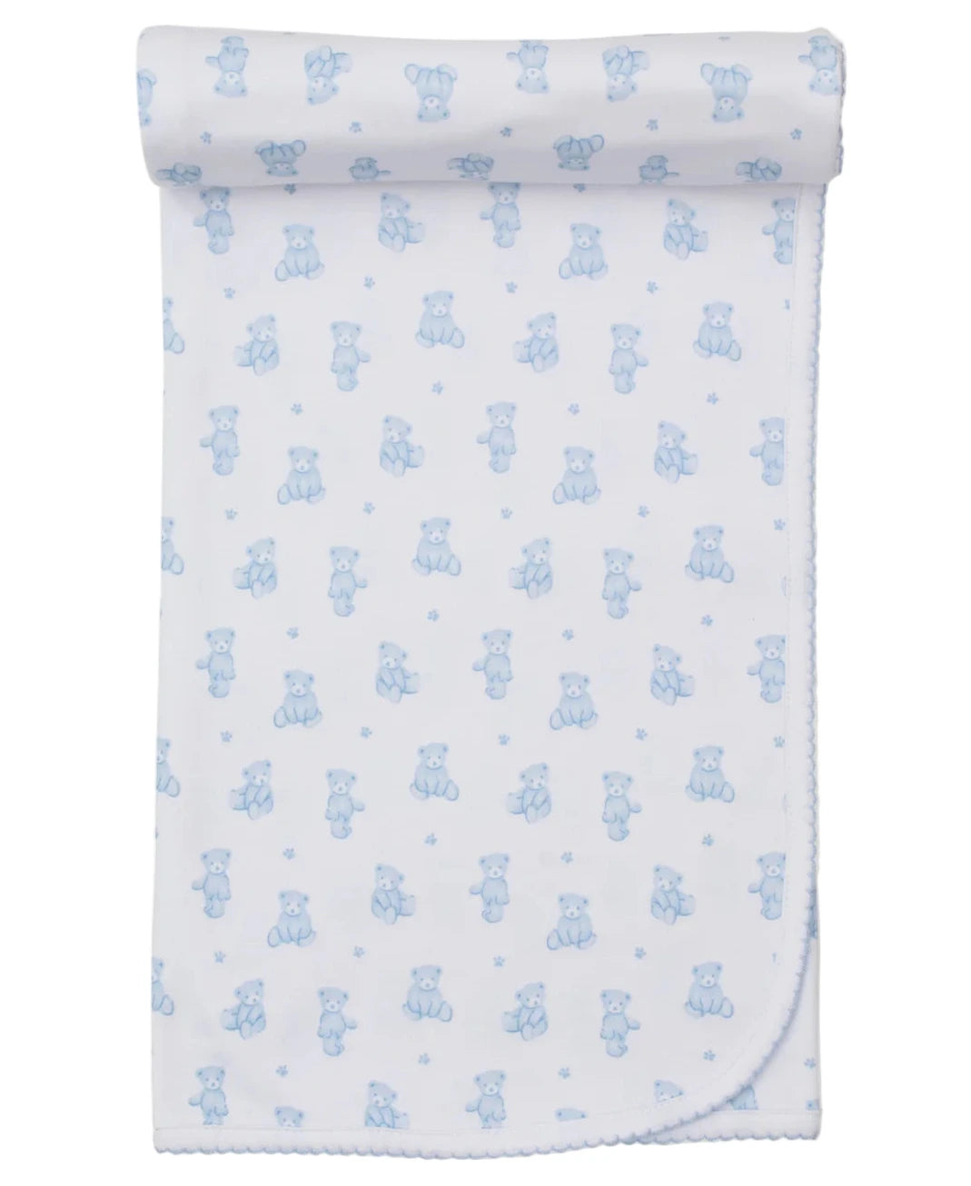 The Kissy Kissy Teddy Bear Time Printed Blanket is a white Pima cotton baby blanket featuring a small blue teddy bear pattern and blue edging, shown partially rolled at the top.