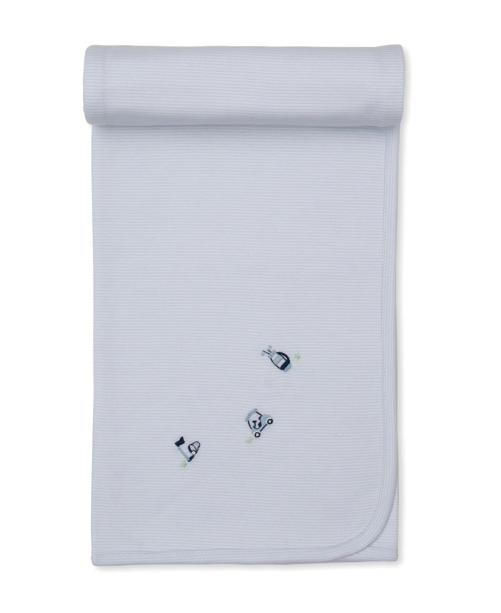 The Kissy Kissy Golf Championship Hand Embroidered Blanket is a light gray Pima cotton baby blanket with a subtle ribbed texture, featuring hand embroidered sports equipment motifs in the center.