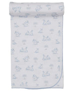 The Kissy Kissy Springtime Bunny Fun Blanket is a white Pima cotton baby blanket with blue bunny and tree illustrations, finished with scalloped trim.