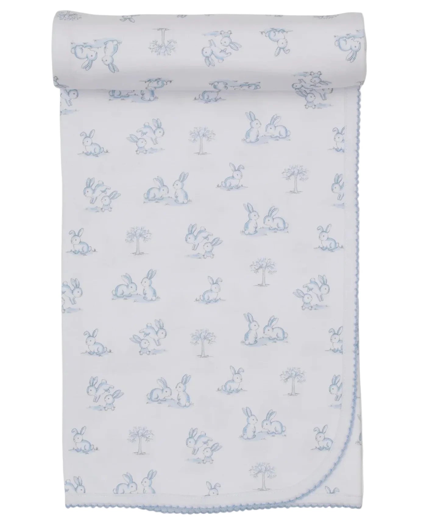 The Kissy Kissy Springtime Bunny Fun Blanket is a white Pima cotton baby blanket with blue bunny and tree illustrations, finished with scalloped trim.