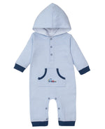 The Kissy Kissy Rambling Railroad Hooded Playsuit features a blue and white striped design, dark blue cuffs, a small train on the front pocket, and is crafted from soft Pima cotton for your baby's delicate skin.