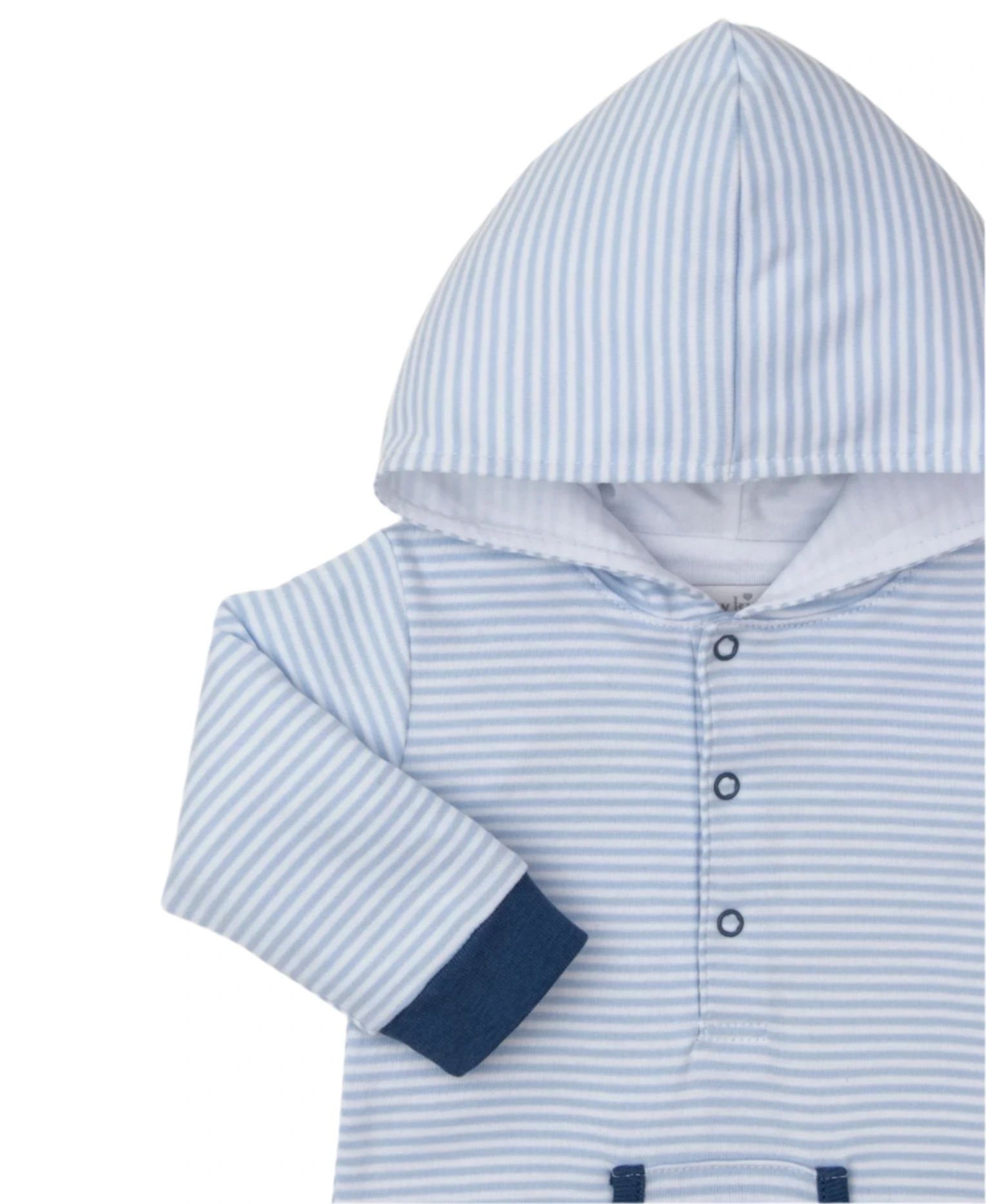 The Kissy Kissy Rambling Railroad Hooded Playsuit, by Kissy Kissy, features a baby blue and white striped design with blue cuffs and buttons. Made from soft Pima cotton, it ensures comfort for your baby's delicate skin.