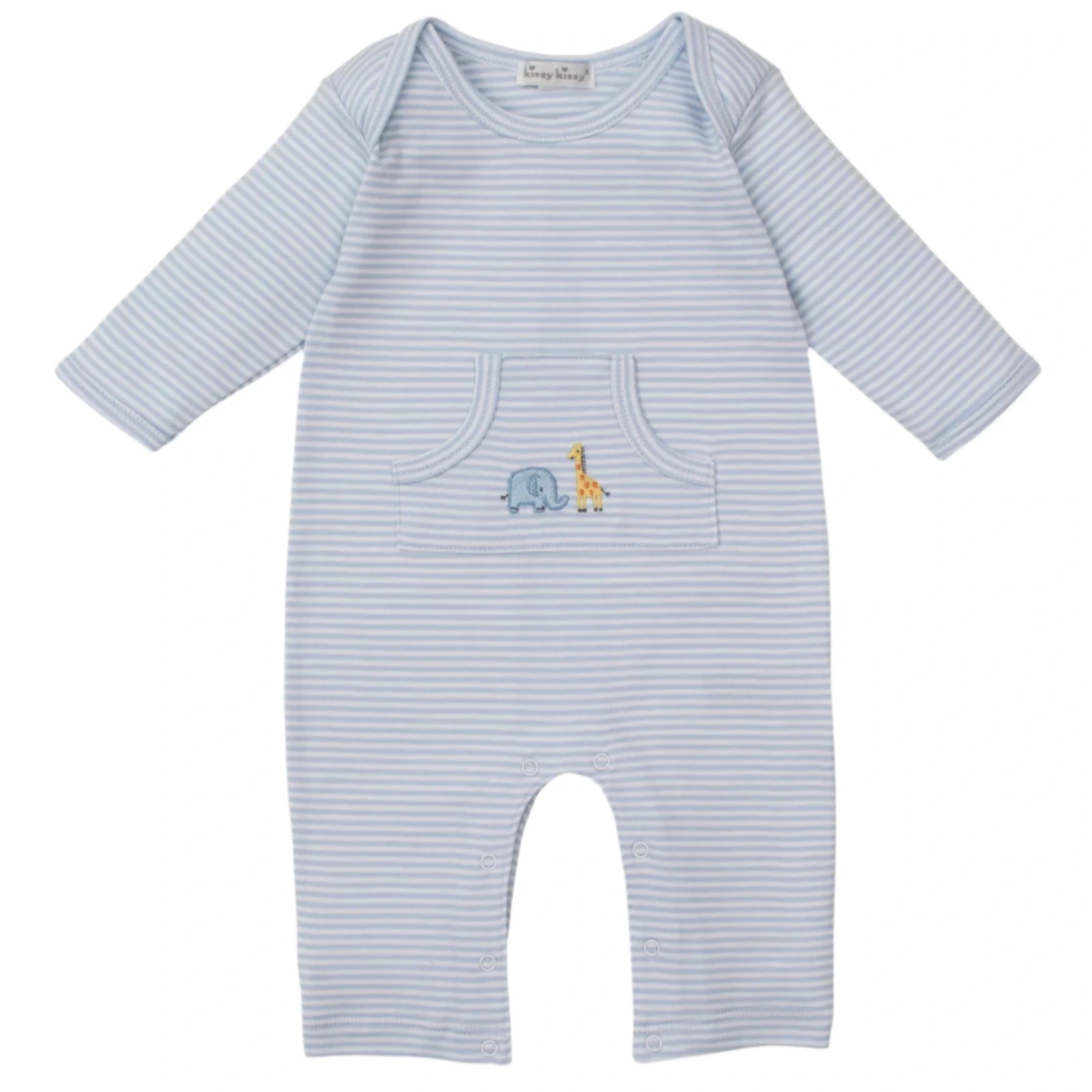 The Kissy Kissy Baby Boys' Safari Wild Striped Playsuit features light blue and white stripes, soft Pima cotton, long sleeves, a front pocket, and embroidered elephant and giraffe details for baby comfort.