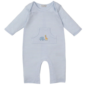 The Kissy Kissy Baby Boys' Safari Wild Striped Playsuit features light blue and white stripes, soft Pima cotton, long sleeves, a front pocket, and embroidered elephant and giraffe details for baby comfort.