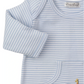 The Kissy Kissy Baby Boys' Safari Wild Striped Playsuit features light blue and white stripes, embroidered elephant and giraffe near the bottom, a small front pocket, and is designed for ultimate baby comfort.