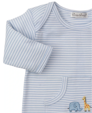 The Kissy Kissy Baby Boys' Safari Wild Striped Playsuit features light blue and white stripes, embroidered elephant and giraffe near the bottom, a small front pocket, and is designed for ultimate baby comfort.