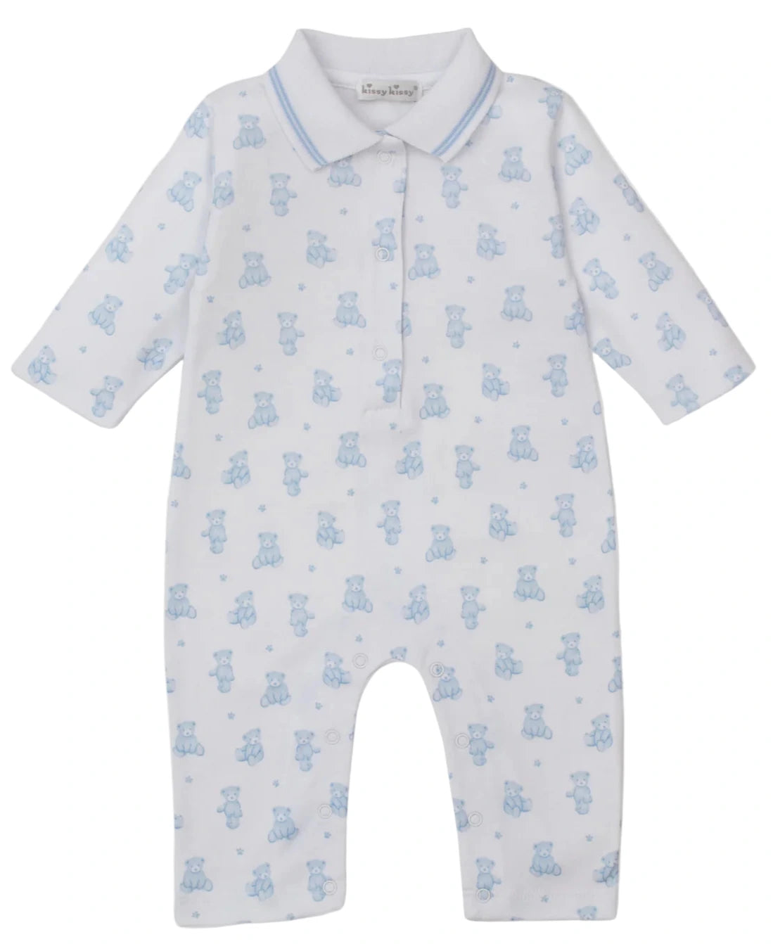 The Kissy Kissy Baby Teddy Bear Time Printed Playsuit features soft white Pima cotton, long sleeves, a polo collar, front button placket, and a light blue teddy bear print.