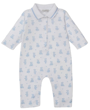 The Kissy Kissy Baby Teddy Bear Time Printed Playsuit features soft white Pima cotton, long sleeves, a polo collar, front button placket, and a light blue teddy bear print.