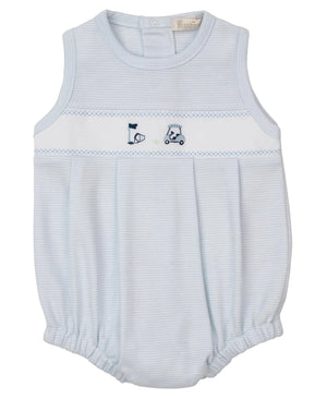 The Kissy Kissy Baby Boys' Premier Golf Championship Hand Emb. Stripe Bubble is a light blue sleeveless romper crafted from soft Pima cotton, with hand-embroidered golf motifs and easy snap closures at the back and legs.