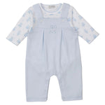 The Kissy Kissy Baby Teddy Bear Time Overall Set features light blue overalls with straps, front buttons, pleats, and a white long-sleeve pima cotton bodysuit decorated with a cute teddy bear print.