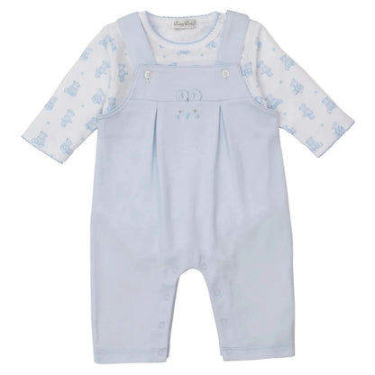 The Kissy Kissy Baby Teddy Bear Time Overall Set features light blue overalls with straps, front buttons, pleats, and a white long-sleeve pima cotton bodysuit decorated with a cute teddy bear print.