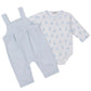 The Kissy Kissy Baby Teddy Bear Time Overall Set features light blue overalls with button straps and a white pima cotton bodysuit printed with cute blue teddy bears.
