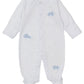 The Kissy Kissy Baa Baa Baby Sheep Star Footie by Kissy Kissy is a soft, white Pima cotton onesie adorned with light blue polka dots, charming elephant designs, and easy-to-use front buttons.