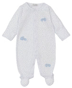 The Kissy Kissy Baa Baa Baby Sheep Star Footie by Kissy Kissy is a soft, white Pima cotton onesie adorned with light blue polka dots, charming elephant designs, and easy-to-use front buttons.