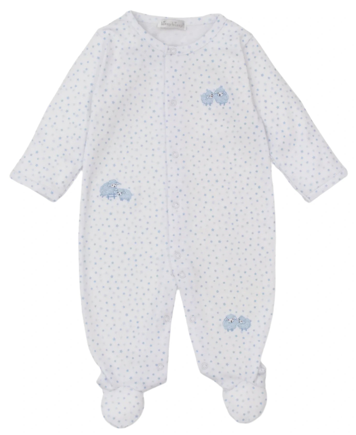 The Kissy Kissy Baa Baa Baby Sheep Star Footie by Kissy Kissy is a soft, white Pima cotton onesie adorned with light blue polka dots, charming elephant designs, and easy-to-use front buttons.