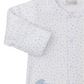 The Kissy Kissy Baa Baa Baby Sheep Star Footie is a white baby pajama made of soft Pima cotton with light blue stars. It has long sleeves, front buttons, and an embroidered baby sheep near the bottom for extra cuteness.